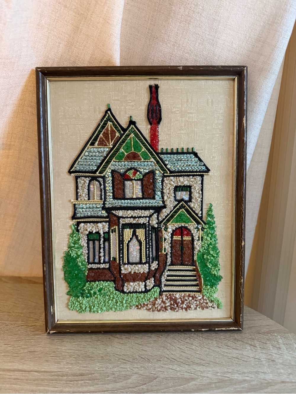 Vintage Handmade Crushed Stone Victorian House Wall Art Framed Gravel Mosaic
